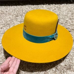 Yellow Felt Hat with Blue Lining
